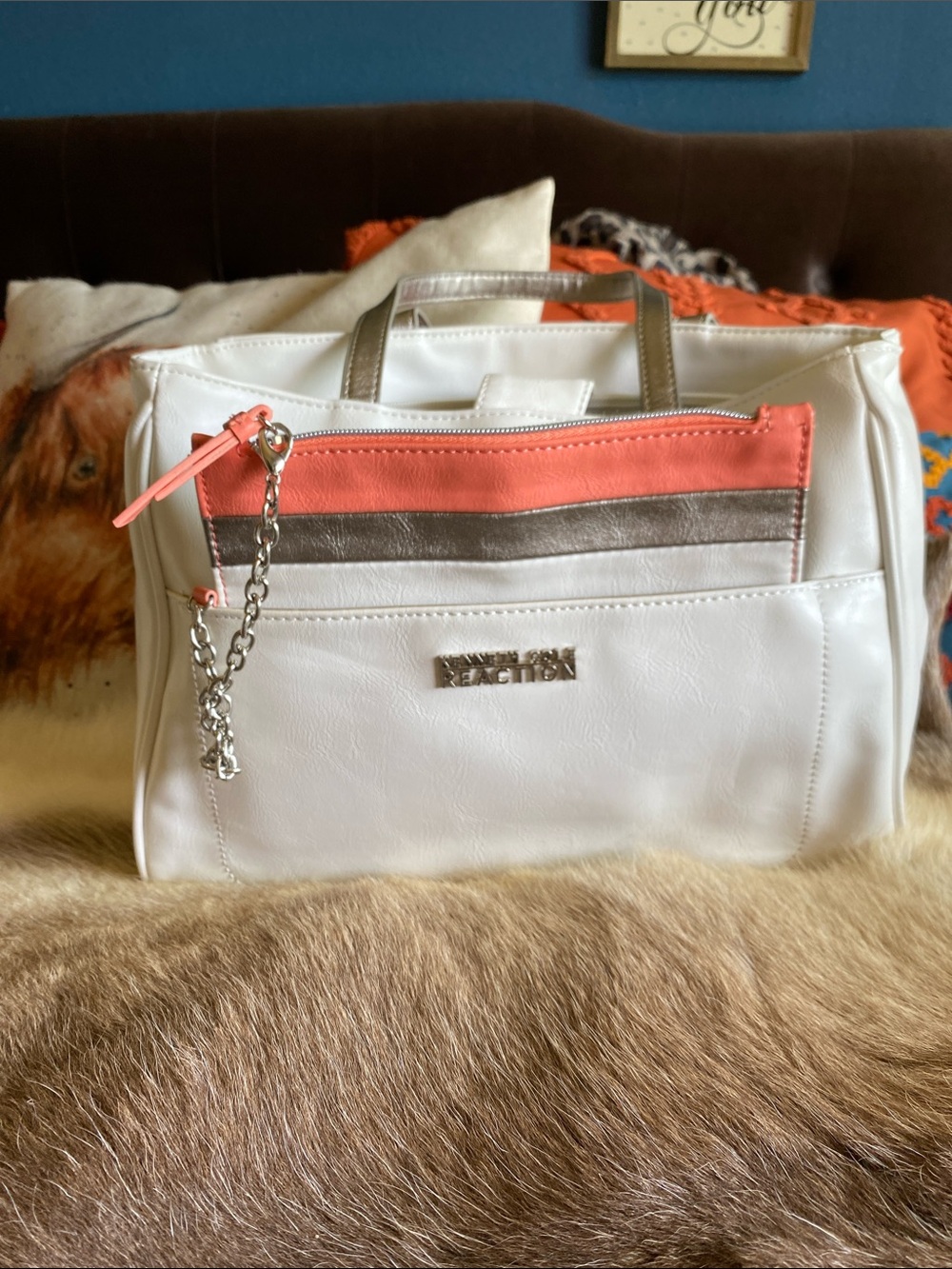 Kenneth Cole Reaction White Tote with Coral and Metallic Accents